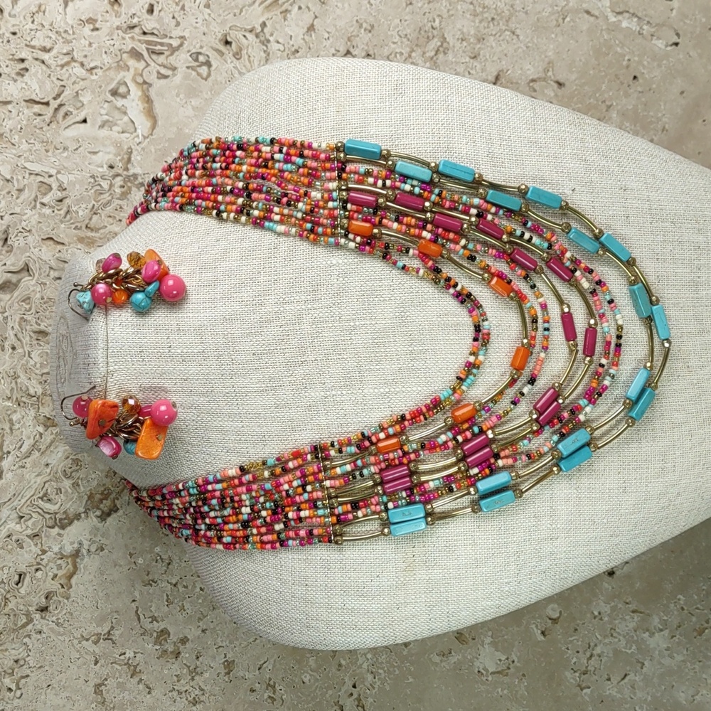 Artisan Crafted Layered Glass Seed Bead Necklace/Earrings